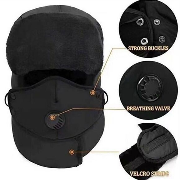 Winter Fur Hat with Mask Cap For Men And Women, Black - Picture 2 of 10